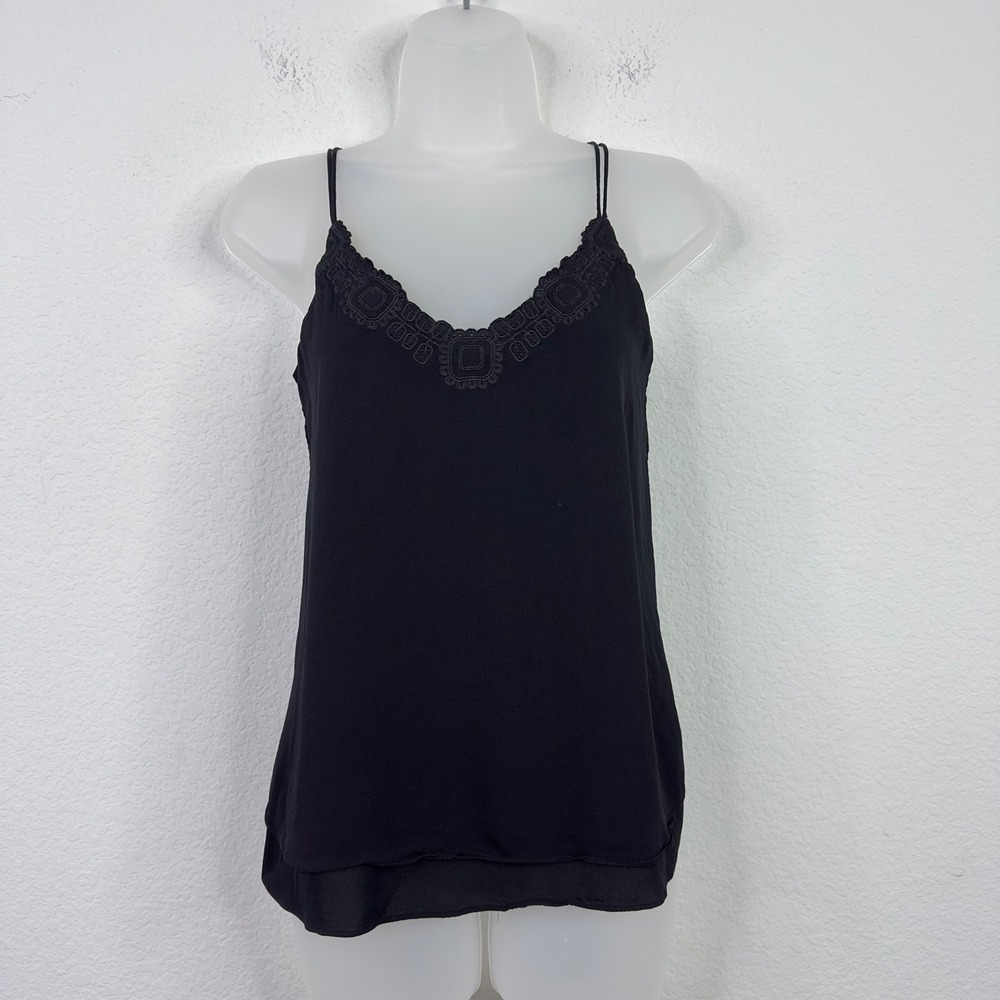 Massimo Dutti Shirt Women 6 Black Lace Trim Crisscross Y2K Minimalist Quiet Luxe